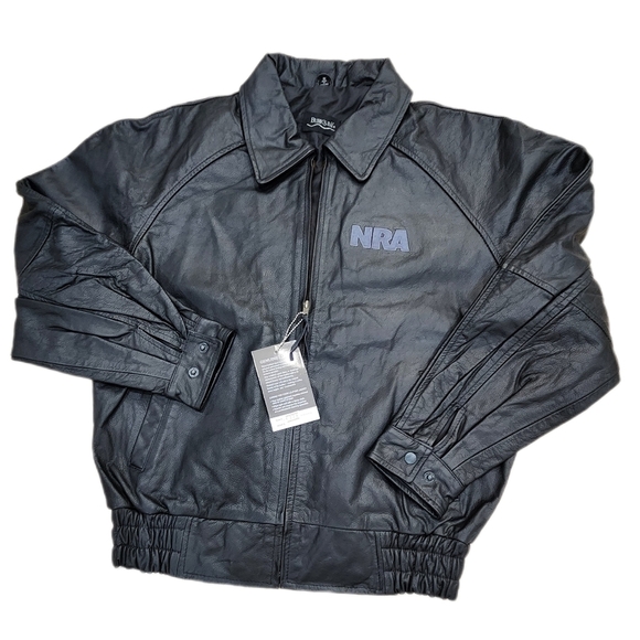 LEATHER Burkes Bay BLACK NRA BOMBER JACKET, MENS MEDIUM - Picture 1 of 10